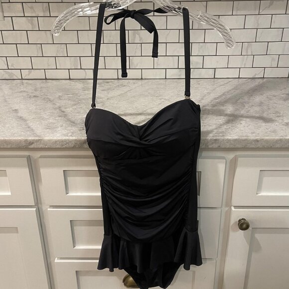 Lauren Ralph Lauren Swimsuit Womens 8 Black One Piece Skirted Halter Ruched - Picture 1 of 7